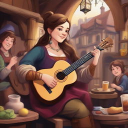 A detailed illustration of a halfling female bard with long brown hair styled in a bun