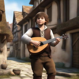 A realistic depiction of a male halfling bard with short, fluffy brown hair