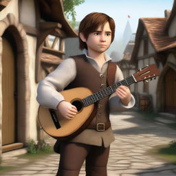 A realistic depiction of a male halfling bard with short, fluffy brown hair