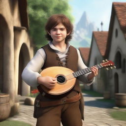 A realistic depiction of a male halfling bard with short, fluffy brown hair