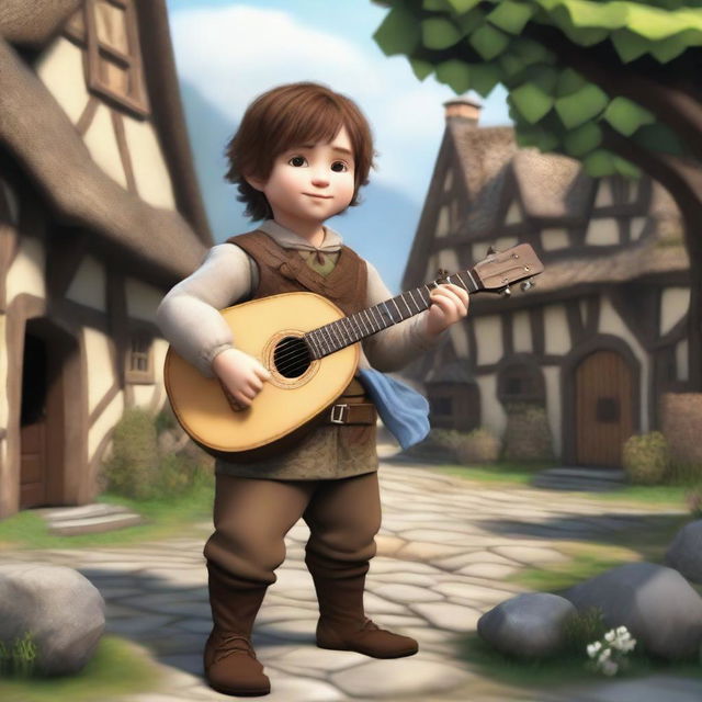 A realistic depiction of a male halfling bard with short, fluffy brown hair