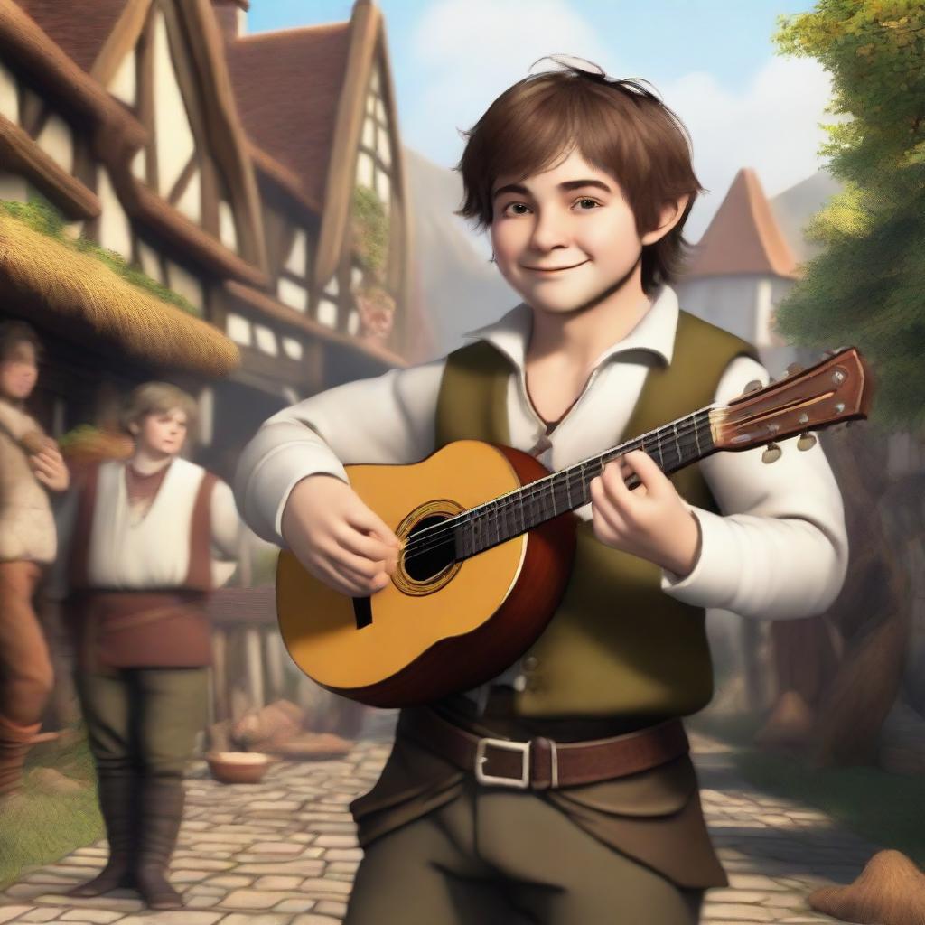 A realistic depiction of a halfling male bard with short, fluffy brown hair