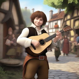 A realistic depiction of a halfling male bard with short, fluffy brown hair