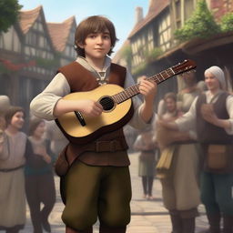 A realistic depiction of a halfling male bard with short, fluffy brown hair