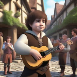 A realistic depiction of a halfling male bard with short, fluffy brown hair