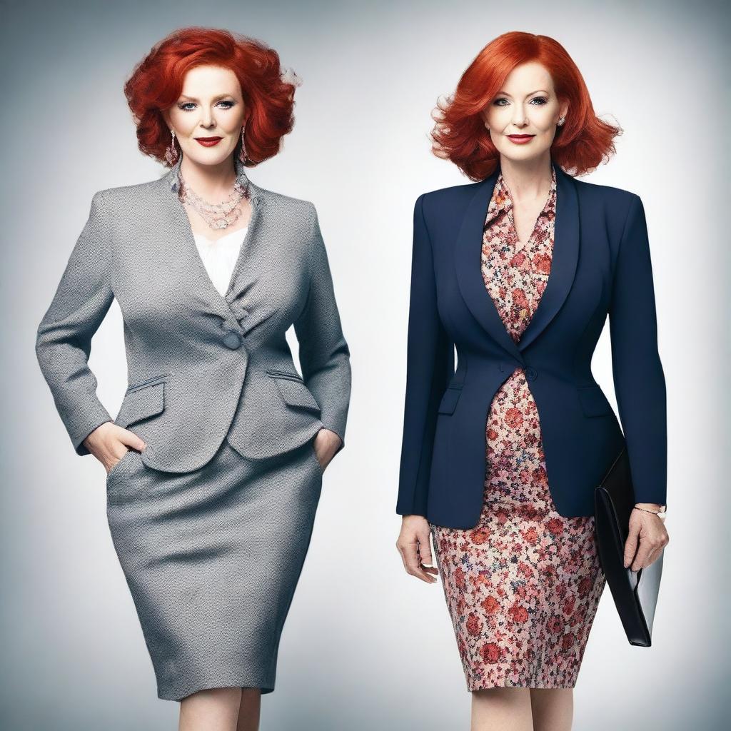 Create an image featuring two mature women with red hair, depicted from head to toe