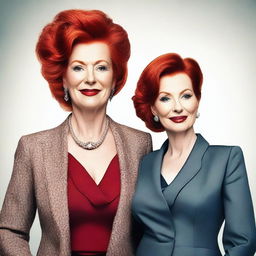 Create an image featuring two mature women with red hair, depicted from head to toe