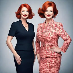 Create an image featuring two mature women with red hair, depicted from head to toe