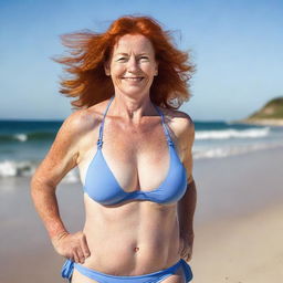 A mature red-headed woman in a bikini, showcasing her busty figure