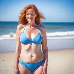 A mature red-headed woman in a bikini, showcasing her busty figure