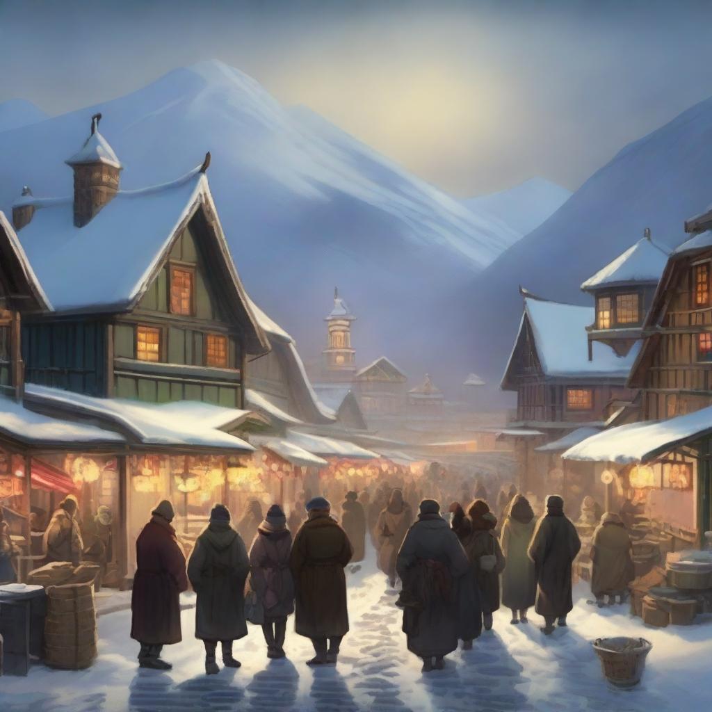 A picturesque winter town trading port with snow-covered rooftops, bustling market stalls, and ships docked at the harbor