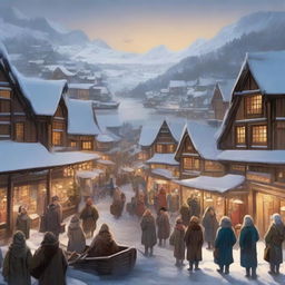 A picturesque winter town trading port with snow-covered rooftops, bustling market stalls, and ships docked at the harbor