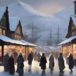 A picturesque winter town trading port with snow-covered rooftops, bustling market stalls, and ships docked at the harbor