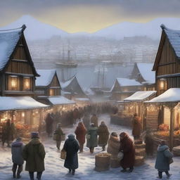 A picturesque winter town trading port with snow-covered rooftops, bustling market stalls, and ships docked at the harbor