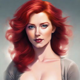 A detailed digital painting of a woman with red hair and a large bust