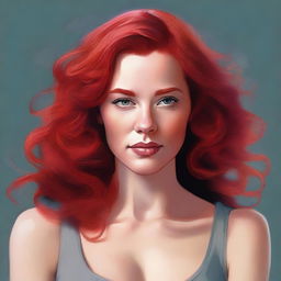 A detailed digital painting of a woman with red hair and a large bust