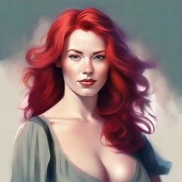 A detailed digital painting of a woman with red hair and a large bust