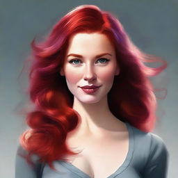 A detailed digital painting of a woman with red hair and a large bust