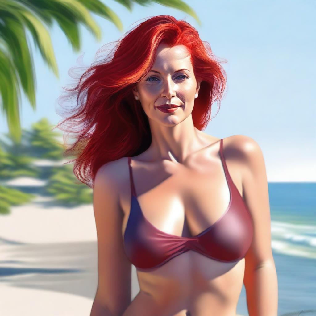 A detailed digital painting of a mature woman with red hair and a large bust, wearing a bikini