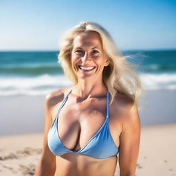 A mature blonde woman with a busty figure wearing a bikini