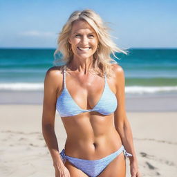 A mature blonde woman with a busty figure wearing a bikini