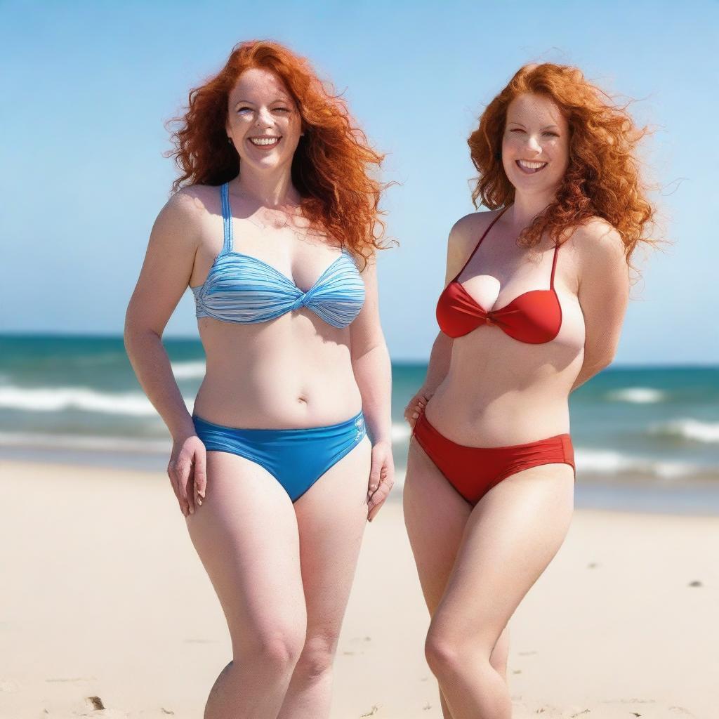 A red-headed woman with a curvy figure wearing a bikini, standing confidently on a beach