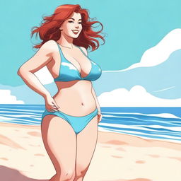 A red-headed woman with a curvy figure wearing a bikini, standing confidently on a beach