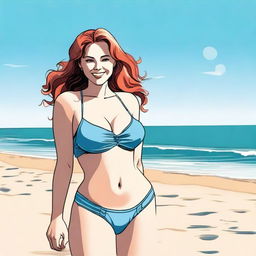 A red-headed woman with a curvy figure wearing a bikini, standing confidently on a beach