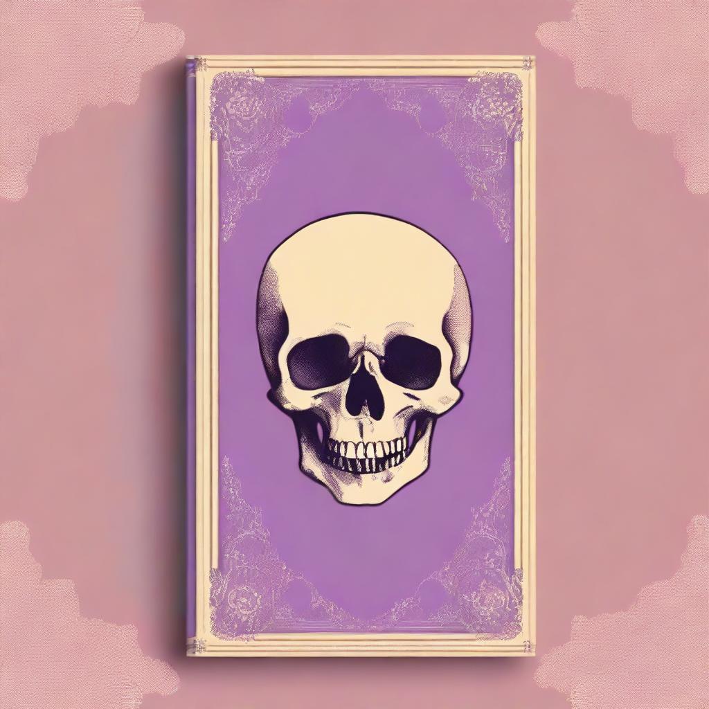 A classic and vintage book cover in a light violet color, featuring a slightly small skull in beige color at the top