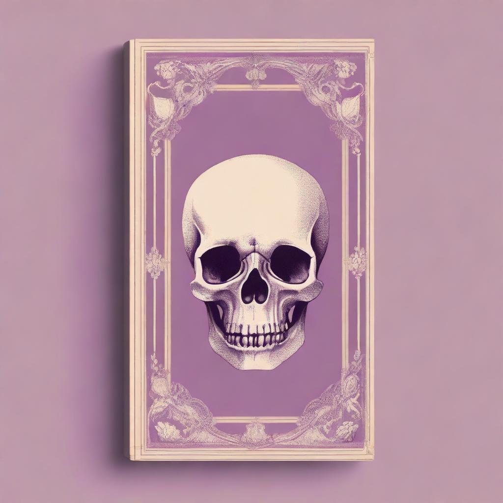 A classic and vintage book cover in a light violet color, featuring a slightly small skull in beige color at the top