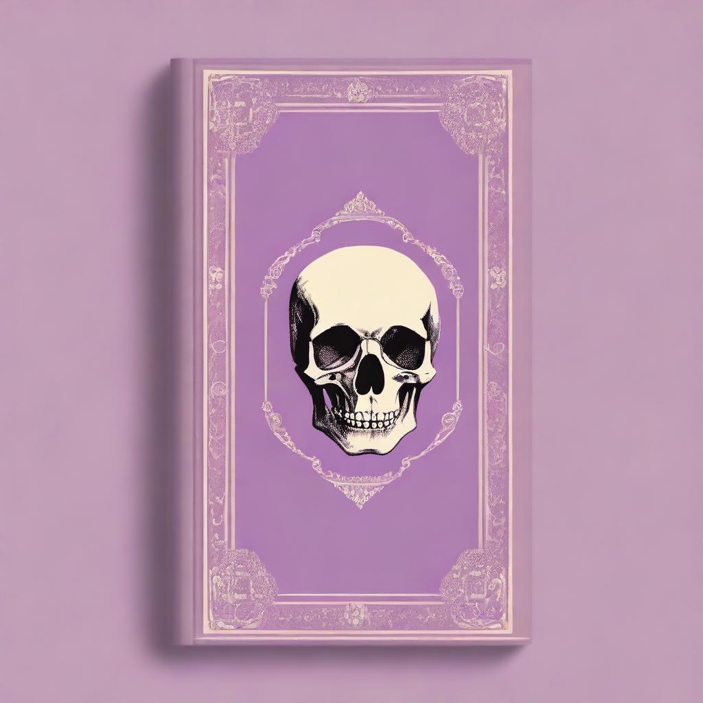 A classic and vintage book cover in a light violet color, featuring a small skull in beige color at the top