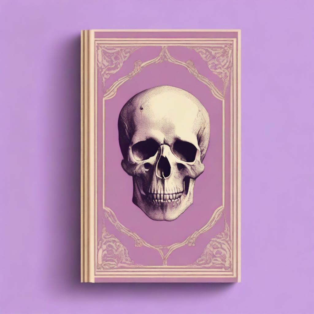 A classic and vintage book cover in a light violet color, featuring a very small skull in beige color at the top above the main design