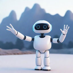 A friendly AI character waving hello in a digital landscape