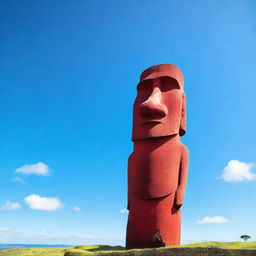 A vibrant red moai statue standing prominently against a clear blue sky