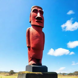 A vibrant red moai statue standing prominently against a clear blue sky