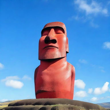 A vibrant red moai statue standing prominently against a clear blue sky