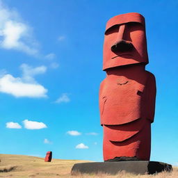 A vibrant red moai statue standing prominently against a clear blue sky