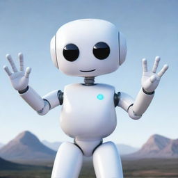 A friendly AI character waving hello in a digital landscape