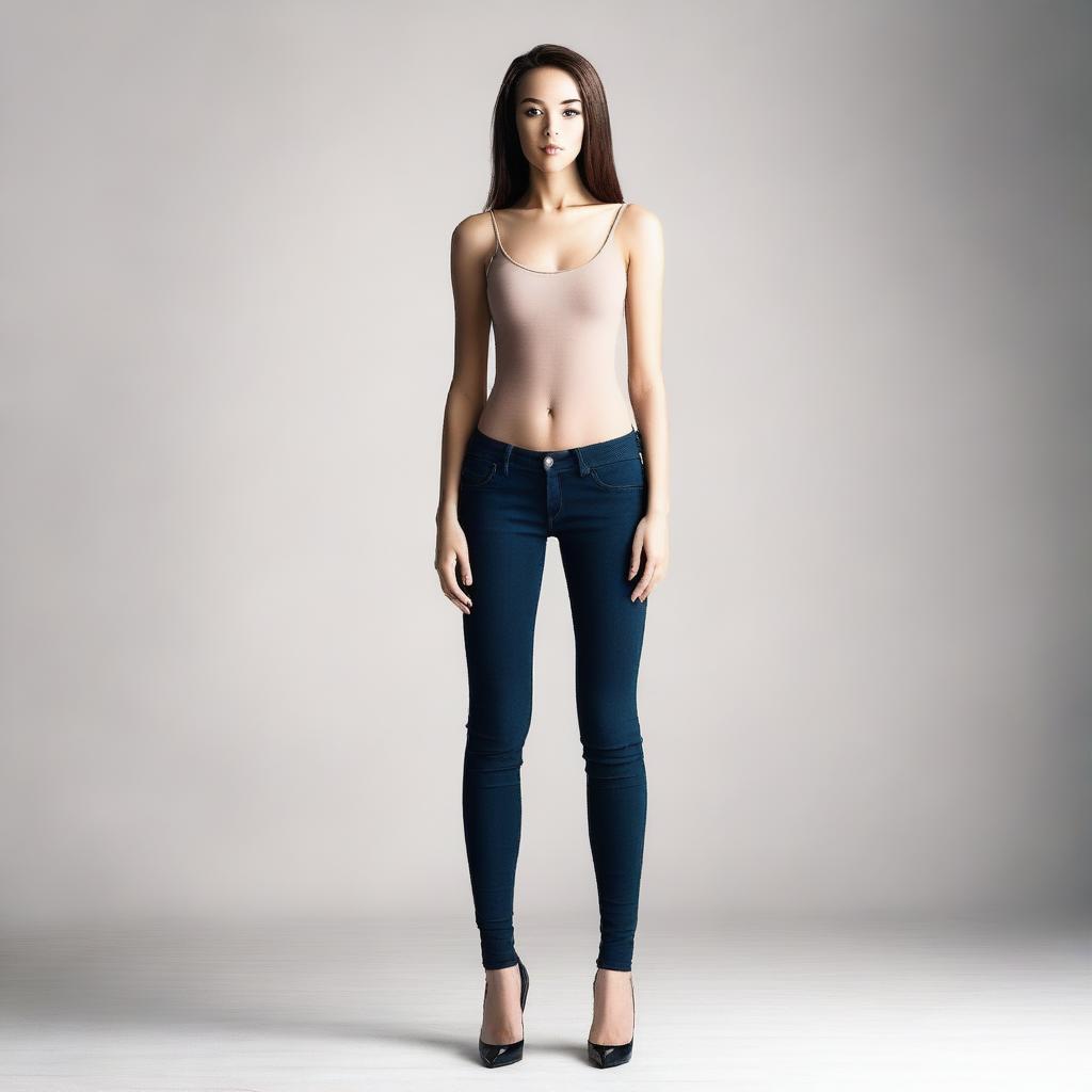 A petite woman with an hourglass body shape, standing confidently