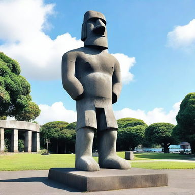 A Moai statue wearing modern clothes, such as a t-shirt, jeans, and sneakers