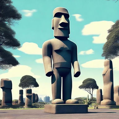 A Moai statue wearing modern clothes, such as a t-shirt, jeans, and sneakers