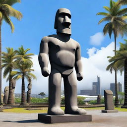 A Moai statue wearing modern clothes, such as a t-shirt, jeans, and sneakers