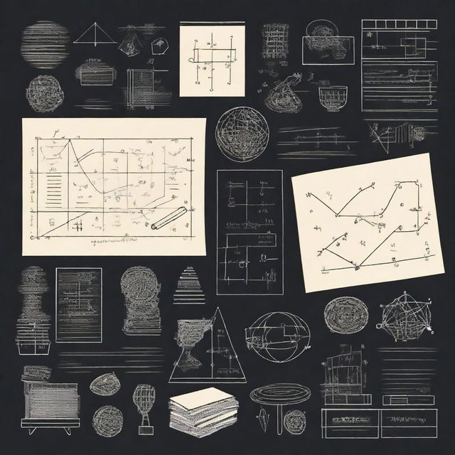 A detailed illustration featuring various mathematical symbols, equations, and geometric shapes