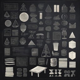 A detailed illustration featuring various mathematical symbols, equations, and geometric shapes