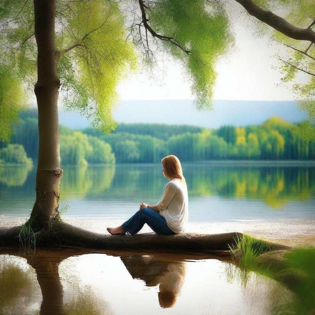 Create an image featuring Susana Rindu in a serene and peaceful setting, surrounded by nature