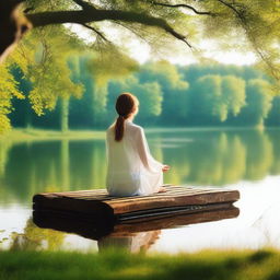 Create an image featuring Susana Rindu in a serene and peaceful setting, surrounded by nature