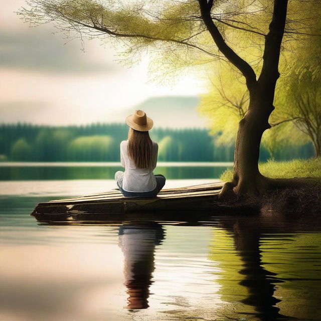 Create an image featuring Susana Rindu in a serene and peaceful setting, surrounded by nature