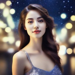 Create an image of a woman who is feeling longing or nostalgia in the midst of a sparkling night