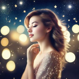 Create an image of a woman who is feeling longing or nostalgia in the midst of a sparkling night