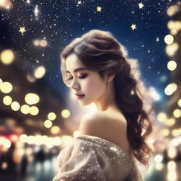 Create an image of a woman who is feeling longing or nostalgia in the midst of a sparkling night